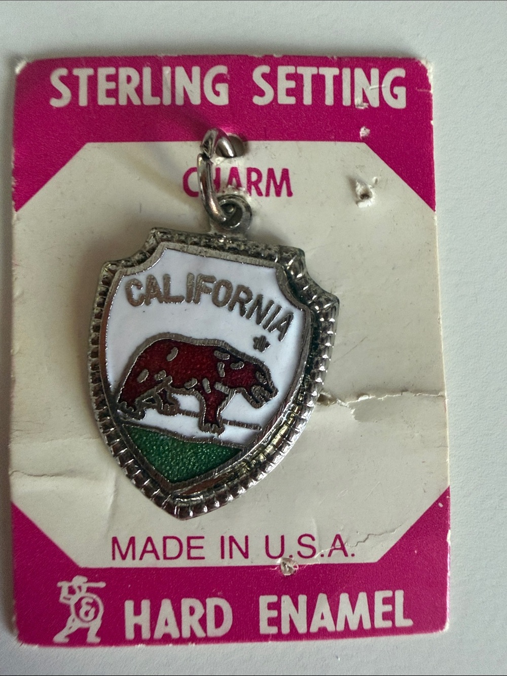 Sterling Setting California Bear Enamel Charm - White, Red, Green